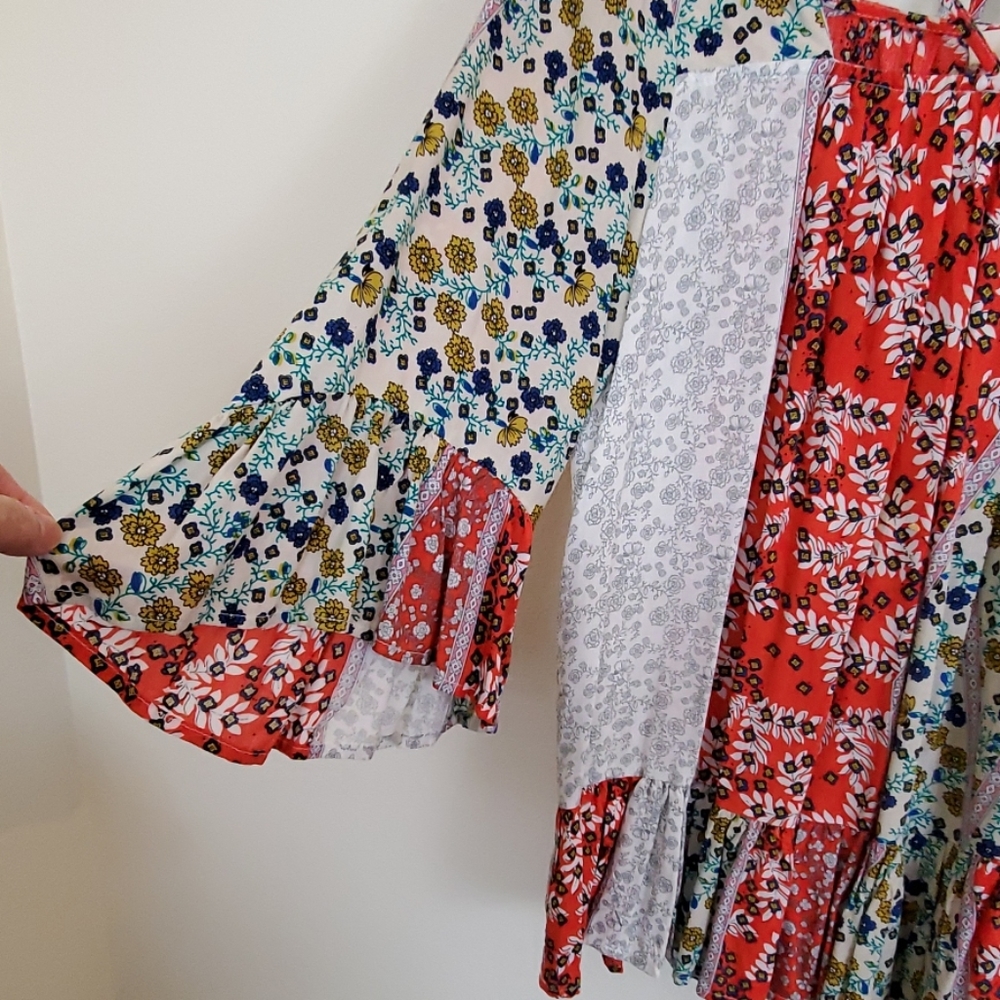 Entro Red, Blue & White Patchwork Fabric Boho Top… - image 3